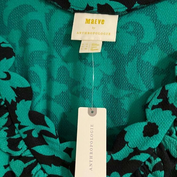 Maeve by Anthropologie Green Black Floral Scalloped Edge Top Assey Blouse Size 6 - Picture 7 of 12